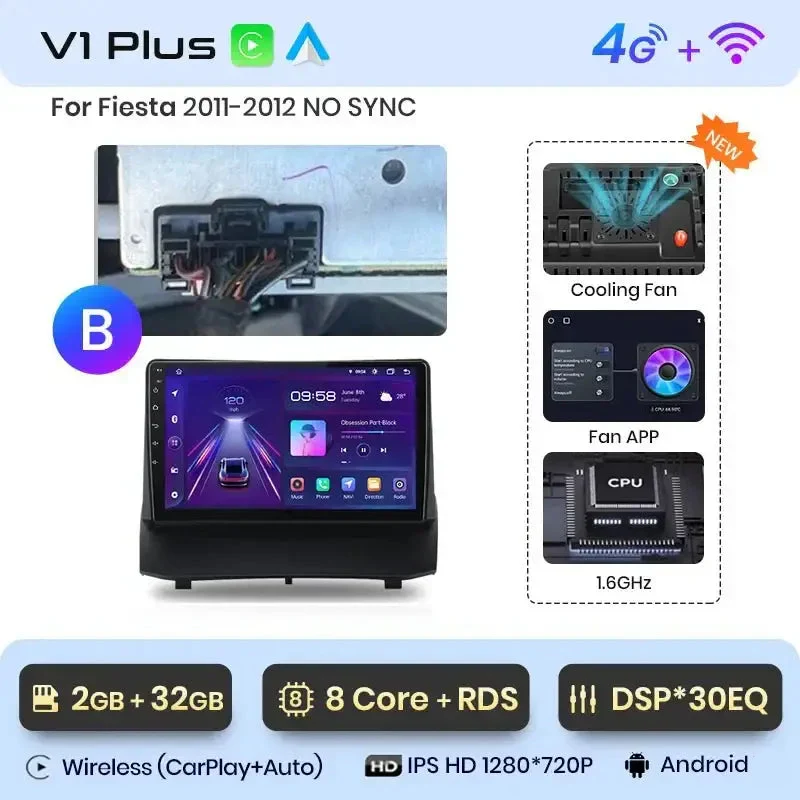 Radio Android do Ford Fiesta MK7 (2009-2017) CarPlay Android Auto 4G WiFi GPS DSP