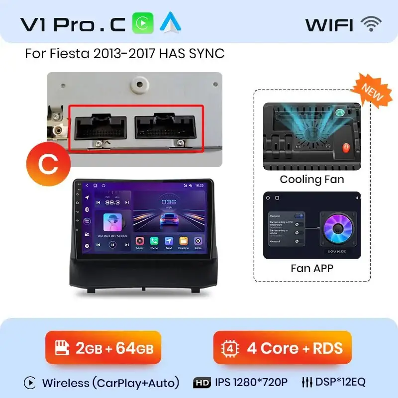 Radio Android do Ford Fiesta MK7 (2009-2017) CarPlay Android Auto 4G WiFi GPS DSP