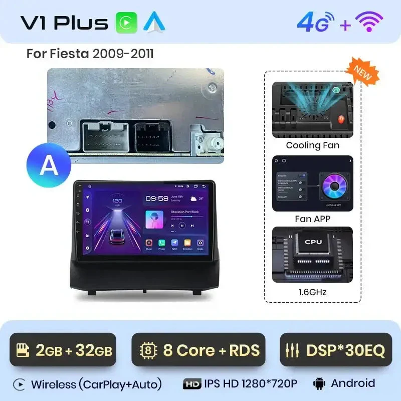 Radio Android do Ford Fiesta MK7 (2009-2017) CarPlay Android Auto 4G WiFi GPS DSP