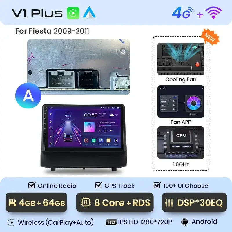 Radio Android do Ford Fiesta MK7 (2009-2017) CarPlay Android Auto 4G WiFi GPS DSP