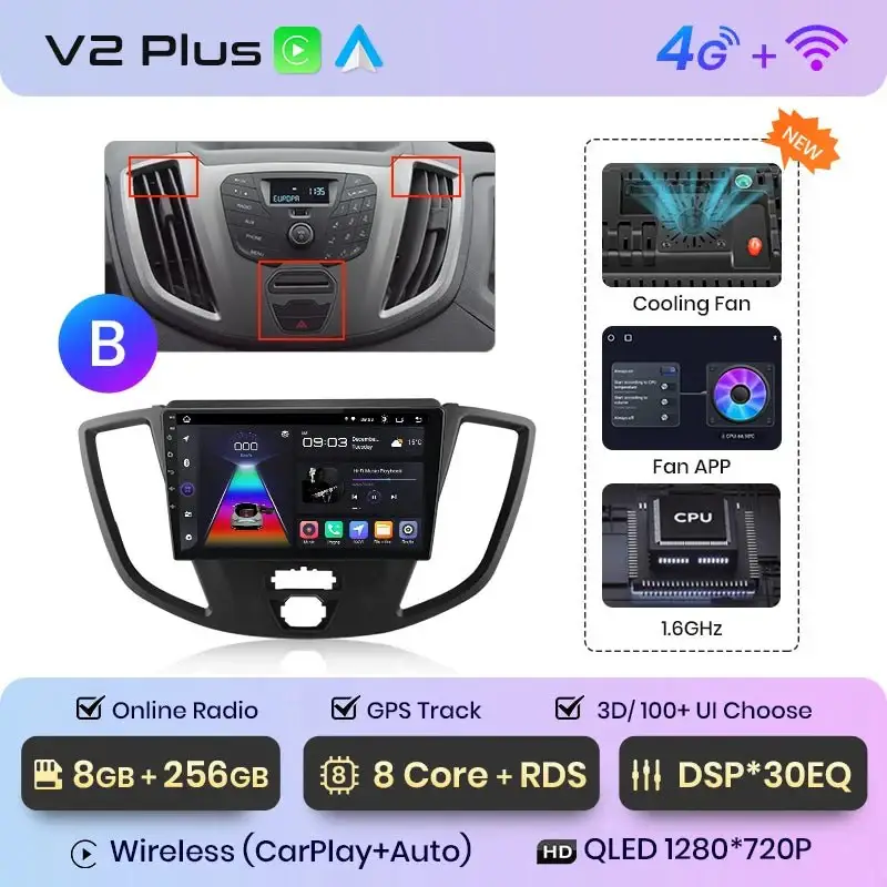 Radio Android do Ford Transit Custom Tourneo (2013-2021) CarPlay Android Auto 4G WiFi GPS DSP