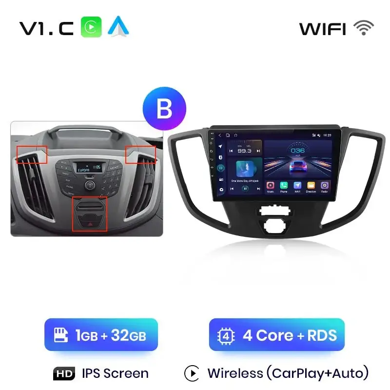 Radio Android do Ford Transit Custom Tourneo (2013-2021) CarPlay Android Auto 4G WiFi GPS DSP