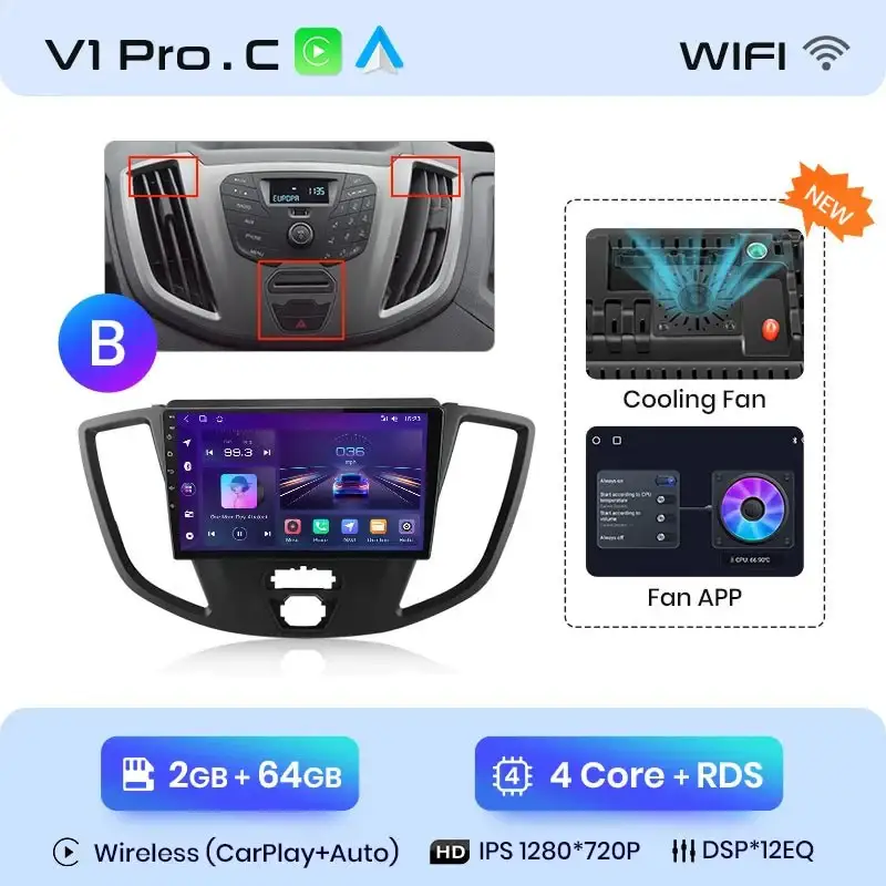 Radio Android do Ford Transit Custom Tourneo (2013-2021) CarPlay Android Auto 4G WiFi GPS DSP