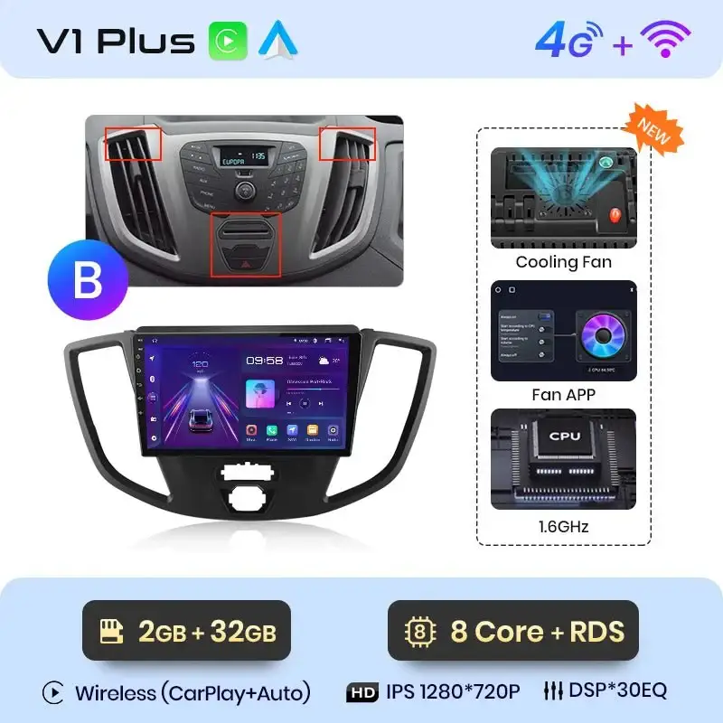 Radio Android do Ford Transit Custom Tourneo (2013-2021) CarPlay Android Auto 4G WiFi GPS DSP