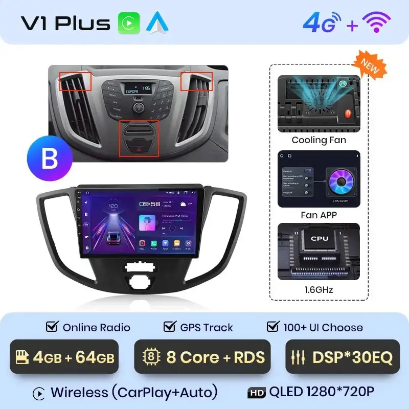 Radio Android do Ford Transit Custom Tourneo (2013-2021) CarPlay Android Auto 4G WiFi GPS DSP