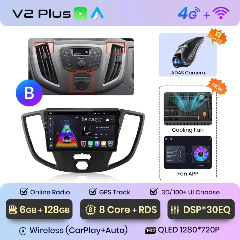 Radio Android do Ford Transit Custom Tourneo (2013-2021) CarPlay Android Auto 4G WiFi GPS DSP