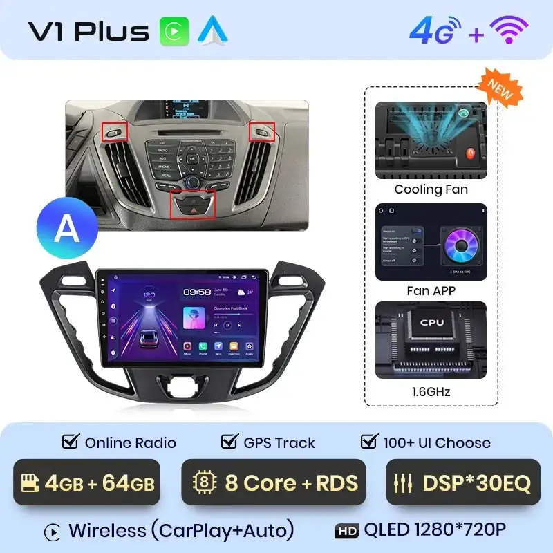 Radio Android do Ford Transit Custom Tourneo (2013-2021) CarPlay Android Auto 4G WiFi GPS DSP
