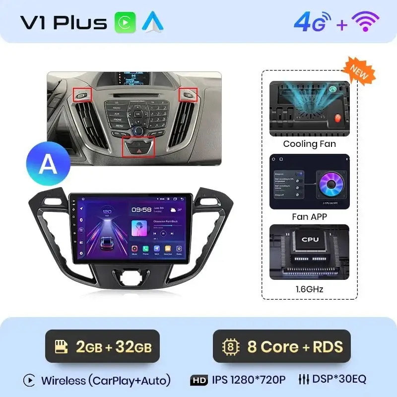 Radio Android do Ford Transit Custom Tourneo (2013-2021) CarPlay Android Auto 4G WiFi GPS DSP
