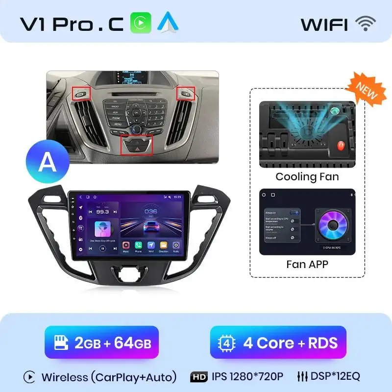 Radio Android do Ford Transit Custom Tourneo (2013-2021) CarPlay Android Auto 4G WiFi GPS DSP