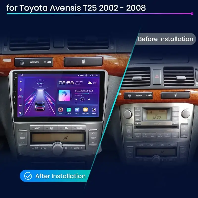 Radio Android do Toyota Avensis T25 (2002-2008) CarPlay Android Auto 4G WiFi GPS DSP