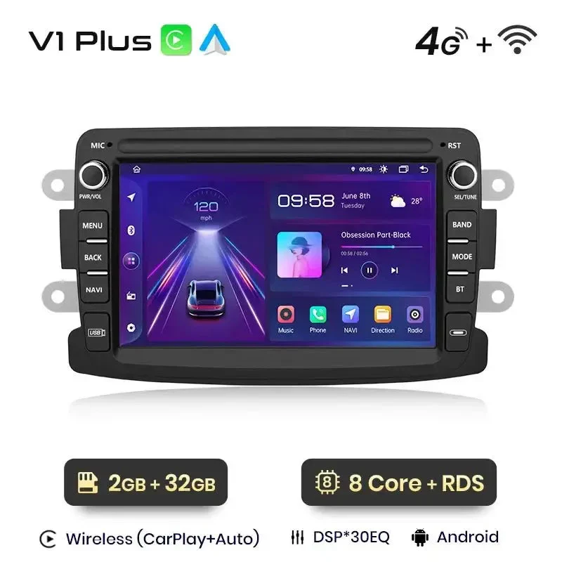 Radio Android do Dacia Renault Duster Sandero Captur Logan II Symbol Dokker CarPlay Android Auto 4G WiFi GPS DSP