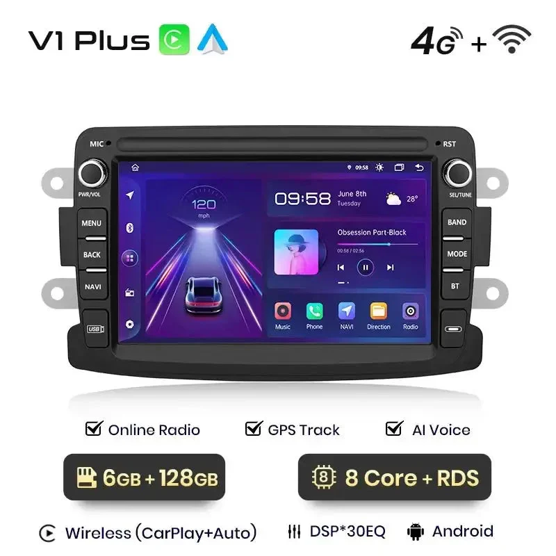 Radio Android do Dacia Renault Duster Sandero Captur Logan II Symbol Dokker CarPlay Android Auto 4G WiFi GPS DSP