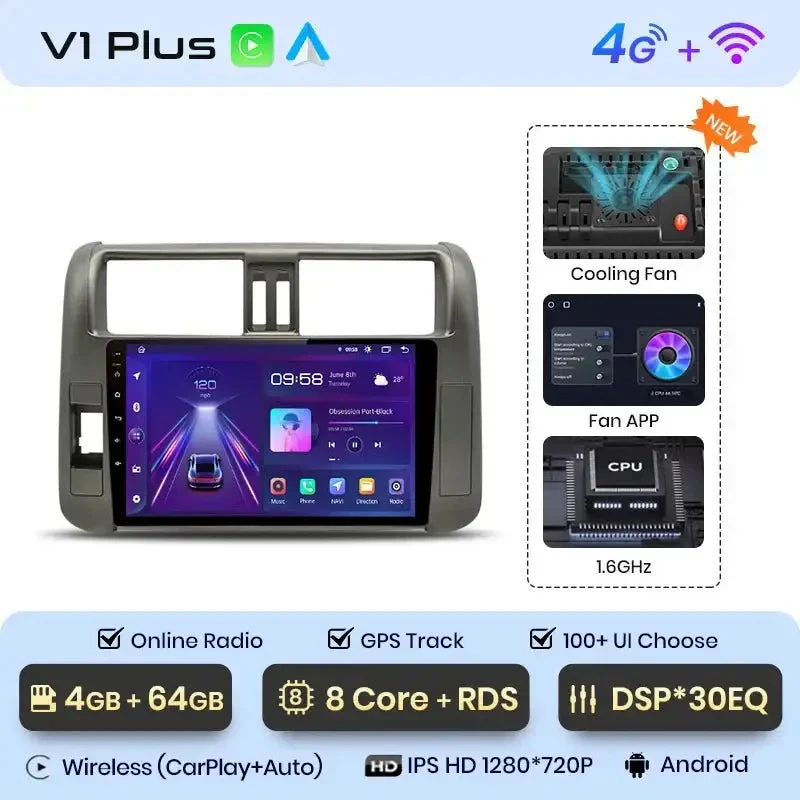 Radio Android do Toyota Land Cruiser Prado 150 (2009-2013) CarPlay Android Auto 4G WiFi GPS DSP