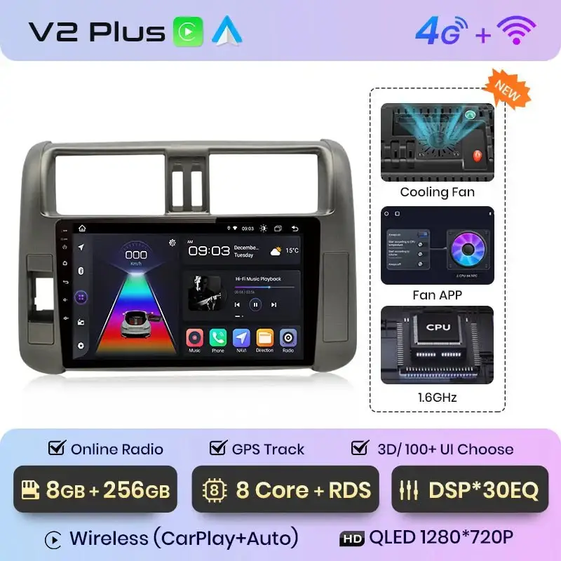 Radio Android do Toyota Land Cruiser Prado 150 (2009-2013) CarPlay Android Auto 4G WiFi GPS DSP