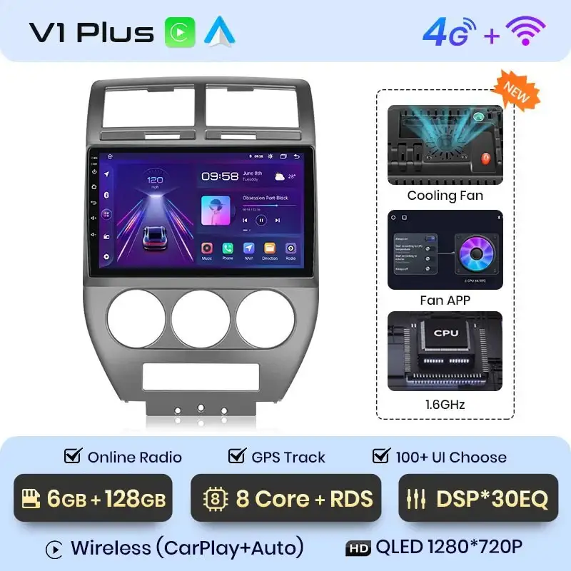 Radio Android do Jeep Compass (2007-2009) CarPlay Android Auto 4G WiFi GPS DSP