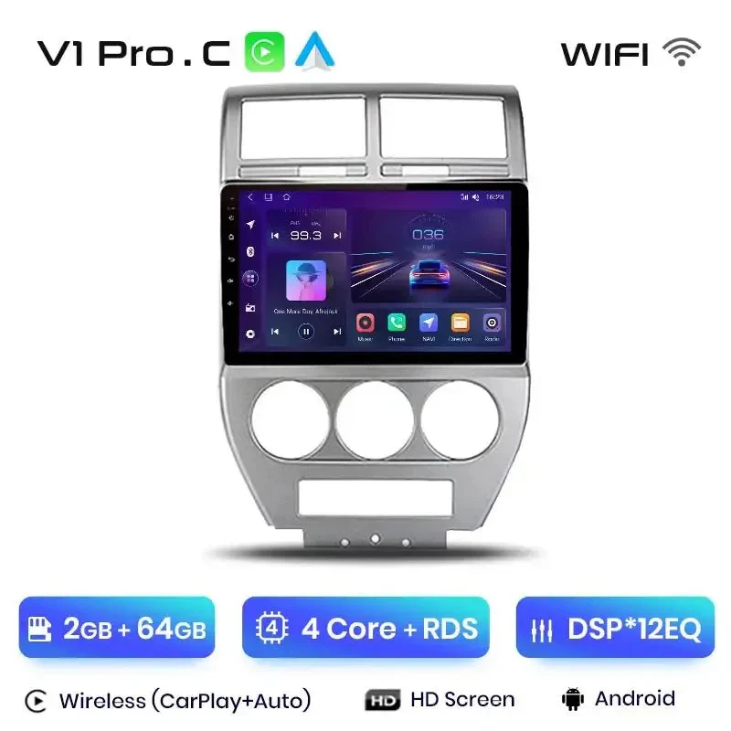 Radio Android do Jeep Compass (2007-2009) CarPlay Android Auto 4G WiFi GPS DSP