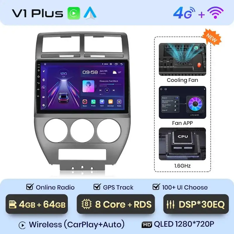 Radio Android do Jeep Compass (2007-2009) CarPlay Android Auto 4G WiFi GPS DSP