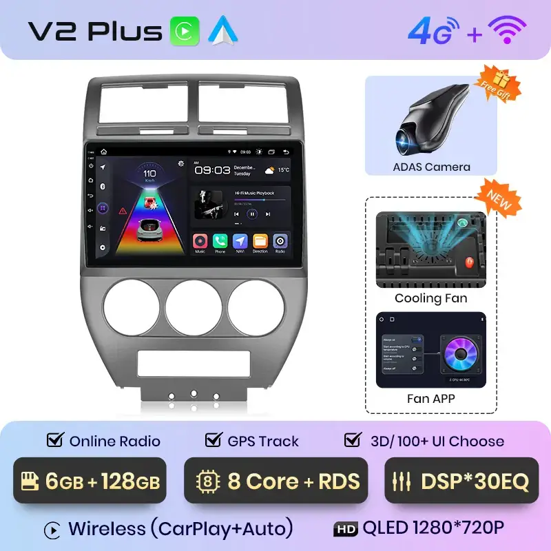 Radio Android do Jeep Compass (2007-2009) CarPlay Android Auto 4G WiFi GPS DSP