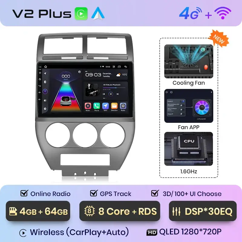 Radio Android do Jeep Compass (2007-2009) CarPlay Android Auto 4G WiFi GPS DSP