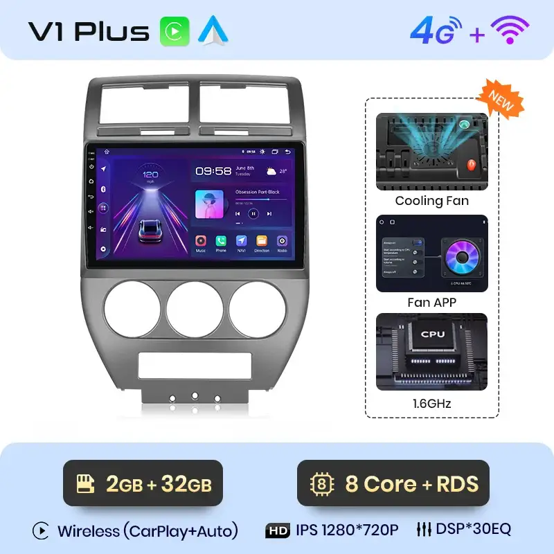 Radio Android do Jeep Compass (2007-2009) CarPlay Android Auto 4G WiFi GPS DSP