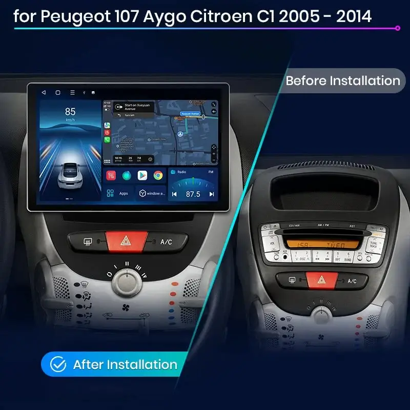 Radio Android do Peugeot 107 Toyota Aygo Citroen C1 (2005-2014) CarPlay Android Auto 4G WiFi GPS DSP