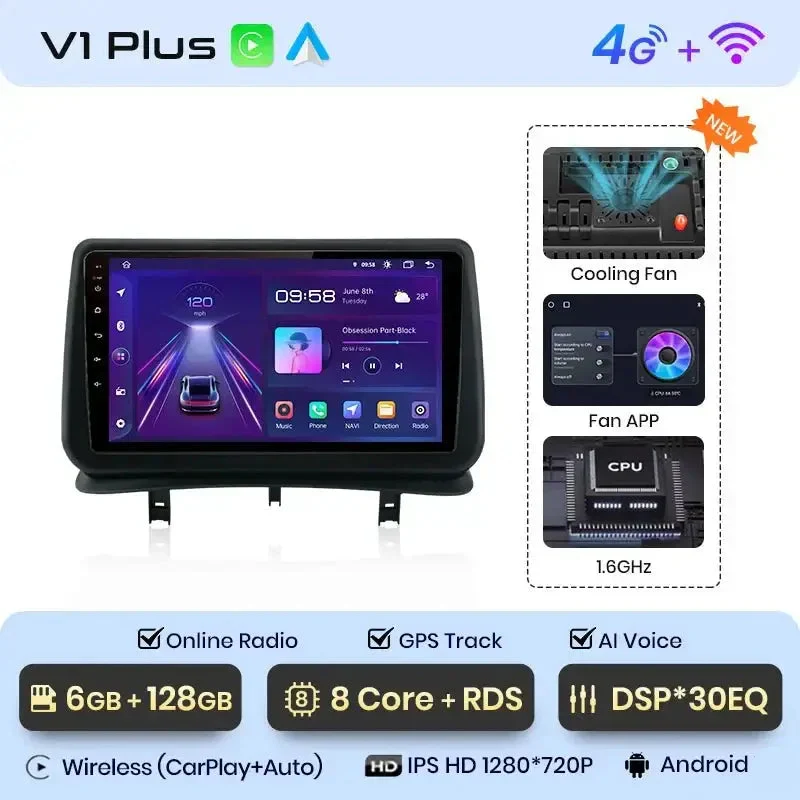 Radio Android do Renault Clio III (2005-2014) CarPlay Android Auto 4G WiFi GPS DSP
