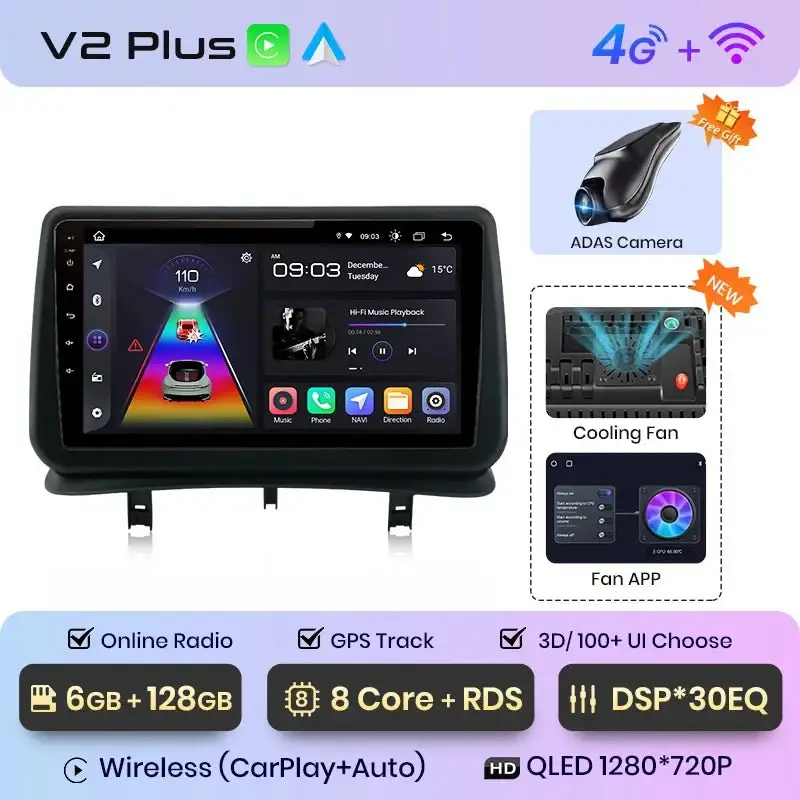 Radio Android do Renault Clio III (2005-2014) CarPlay Android Auto 4G WiFi GPS DSP