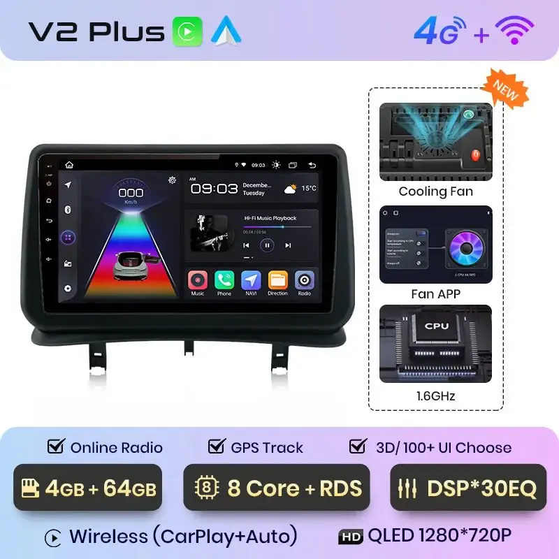 Radio Android do Renault Clio III (2005-2014) CarPlay Android Auto 4G WiFi GPS DSP