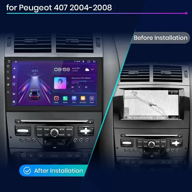 Radio Android do Peugeot 407 (2004-2011) CarPlay Android Auto 4G WiFi GPS DSP