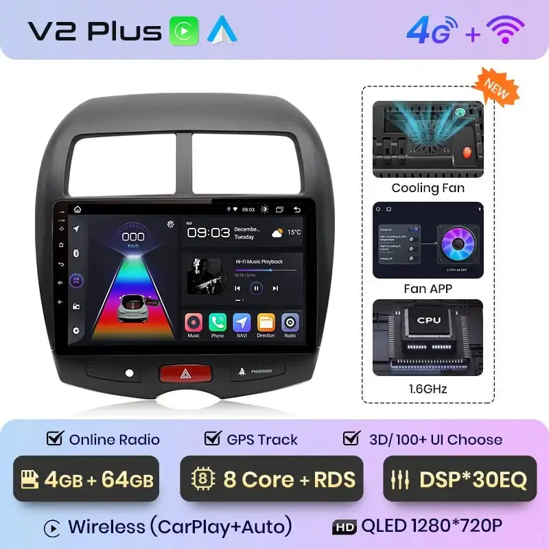 Radio Android do Mitsubishi ASX (2010-2016) CarPlay Android Auto 4G WiFi GPS DSP