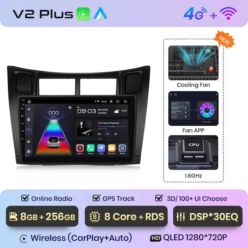 Radio Android do Toyota Yaris (2005-2012) CarPlay Android Auto 4G WiFi GPS DSP