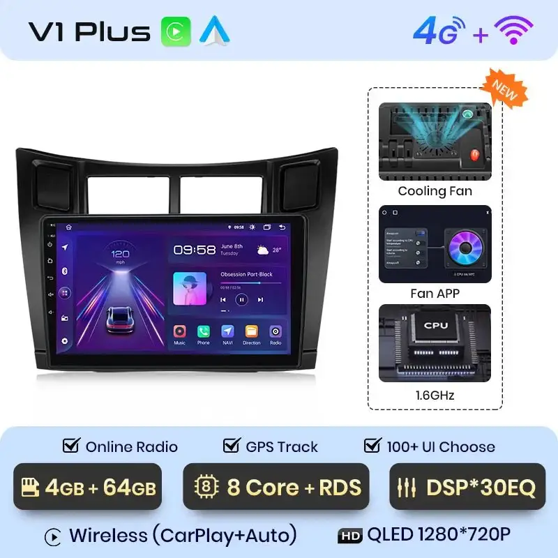 Radio Android do Toyota Yaris (2005-2012) CarPlay Android Auto 4G WiFi GPS DSP