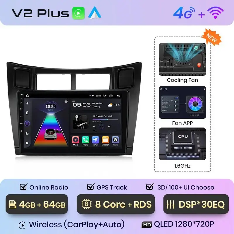 Radio Android do Toyota Yaris (2005-2012) CarPlay Android Auto 4G WiFi GPS DSP