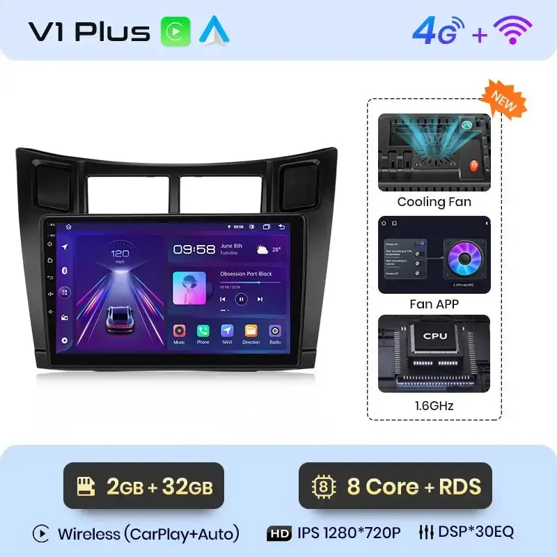 Radio Android do Toyota Yaris (2005-2012) CarPlay Android Auto 4G WiFi GPS DSP