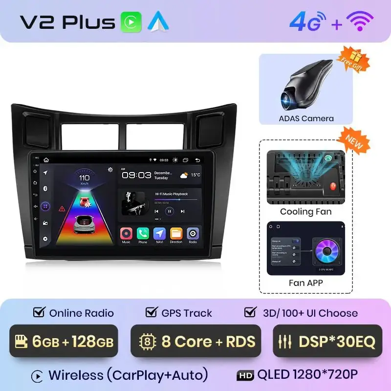 Radio Android do Toyota Yaris (2005-2012) CarPlay Android Auto 4G WiFi GPS DSP