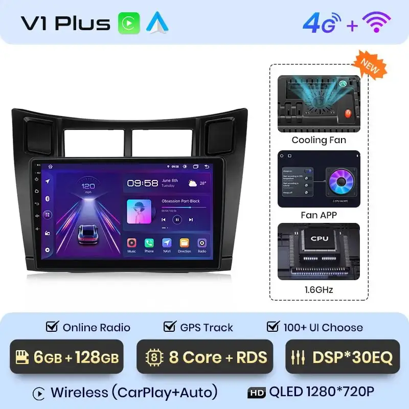 Radio Android do Toyota Yaris (2005-2012) CarPlay Android Auto 4G WiFi GPS DSP