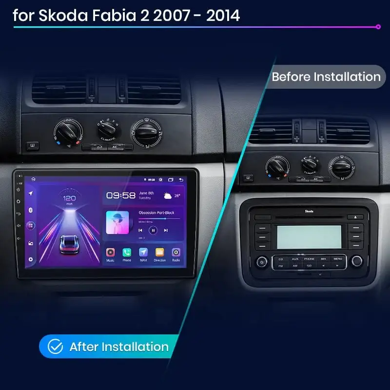 Radio Android do Skoda Fabia II (2007-2014) CarPlay Android Auto 4G WiFi GPS DSP
