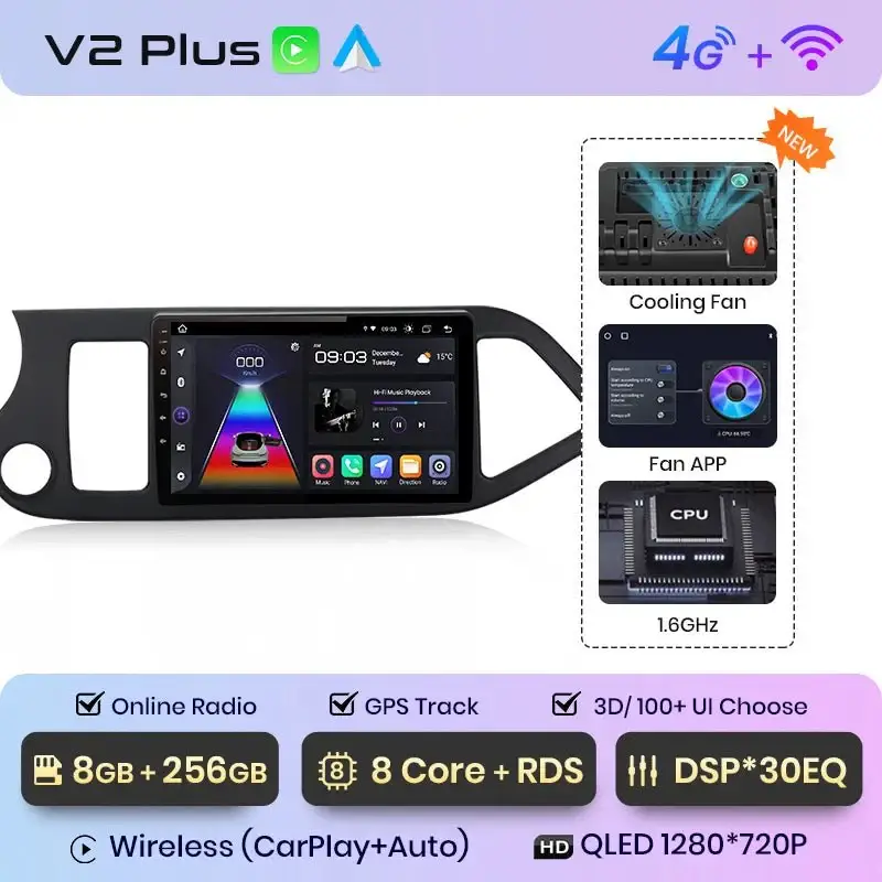 Radio Android do KIA Morning Picanto (2011-2016) CarPlay Android Auto 4G WiFi GPS DSP