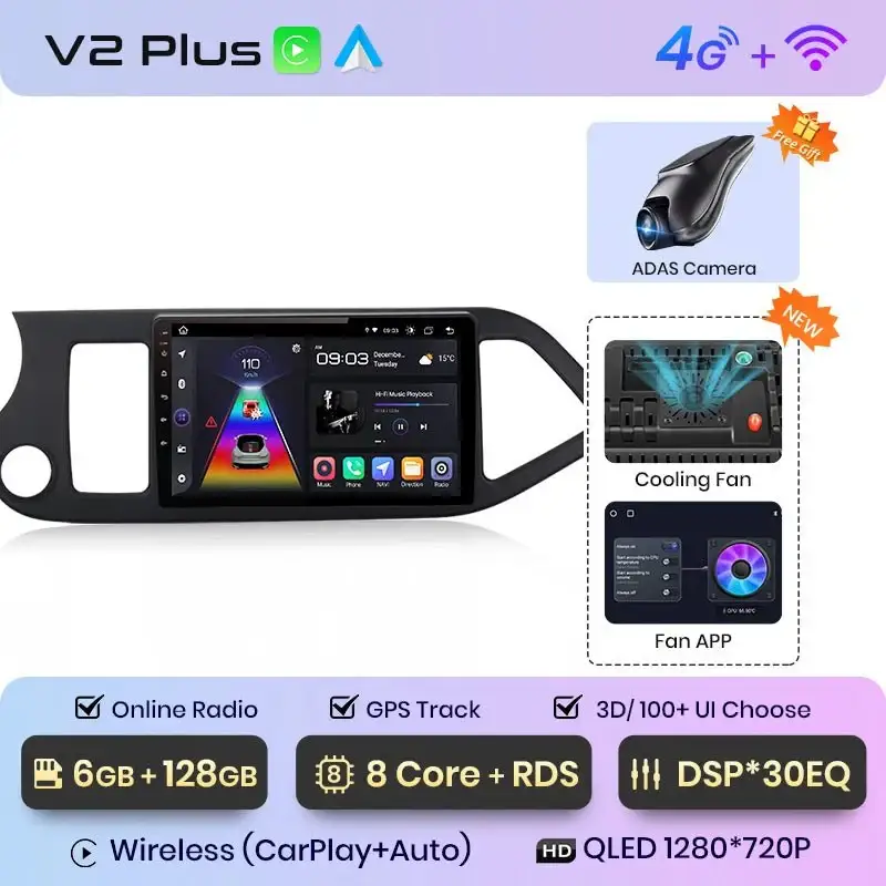 Radio Android do KIA Morning Picanto (2011-2016) CarPlay Android Auto 4G WiFi GPS DSP