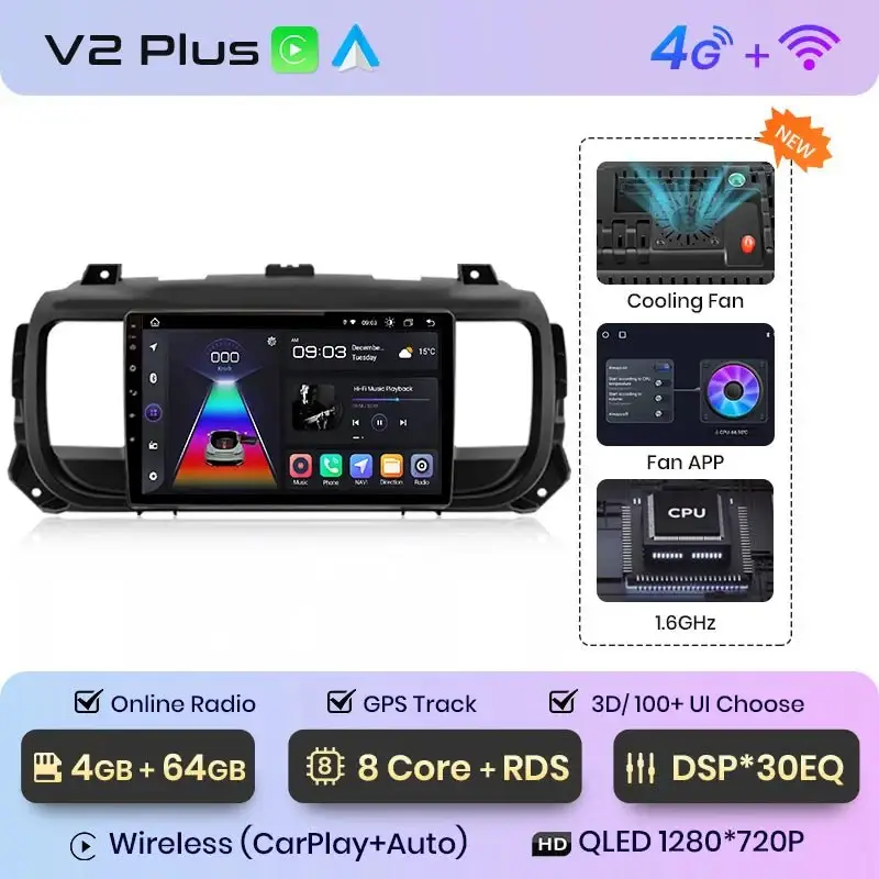 Radio Android do Peugeot Expert III Citroen Jumpy III Spacetourer (2016-2021) CarPlay Android Auto 4G WiFi GPS DSP