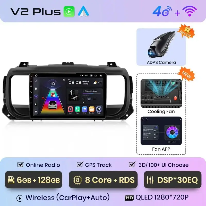 Radio Android do Peugeot Expert III Citroen Jumpy III Spacetourer (2016-2021) CarPlay Android Auto 4G WiFi GPS DSP