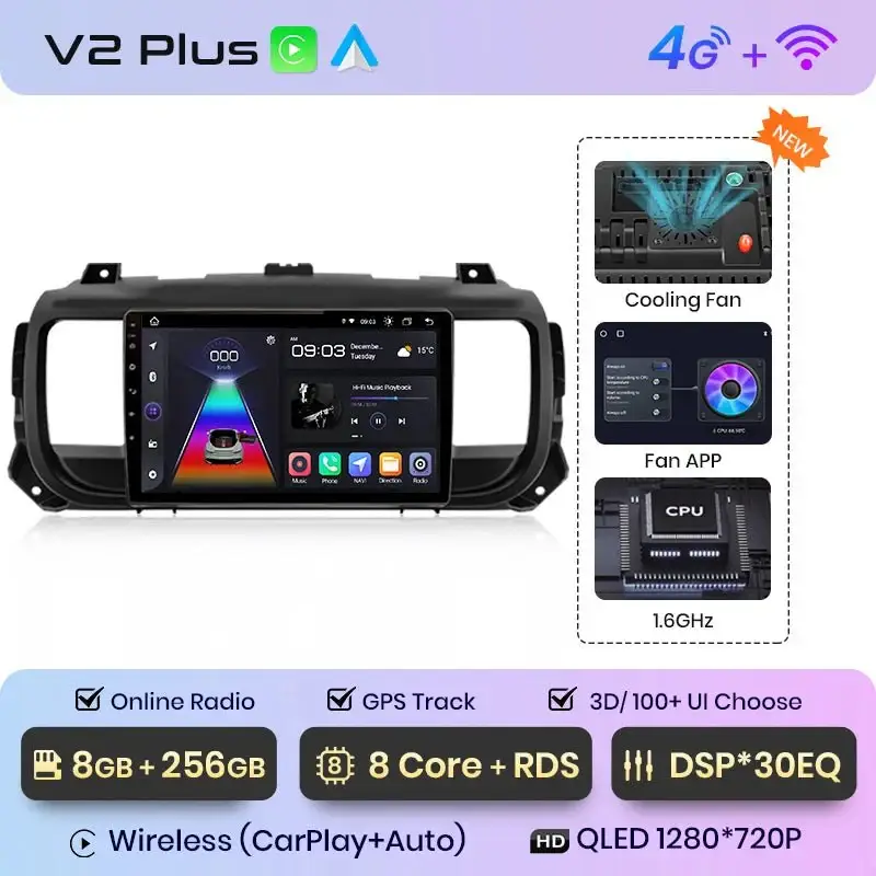 Radio Android do Peugeot Expert III Citroen Jumpy III Spacetourer (2016-2021) CarPlay Android Auto 4G WiFi GPS DSP