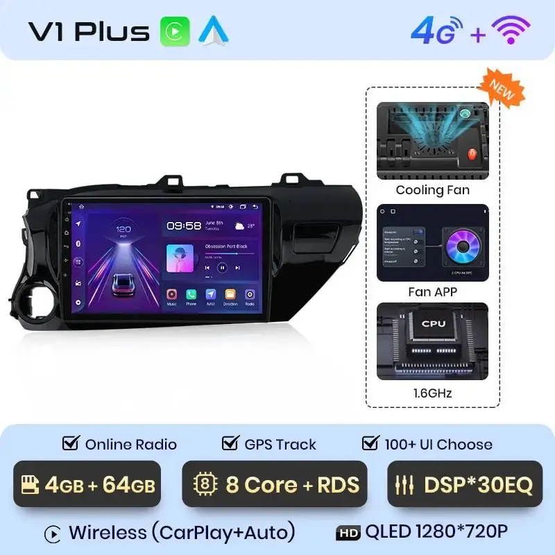 Radio Android do Toyota Hilux Pickup AN120 (2015-2020) CarPlay Android Auto 4G WiFi GPS DSP