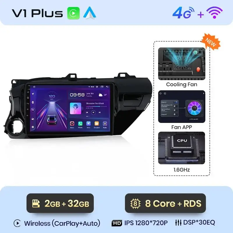 Radio Android do Toyota Hilux Pickup AN120 (2015-2020) CarPlay Android Auto 4G WiFi GPS DSP