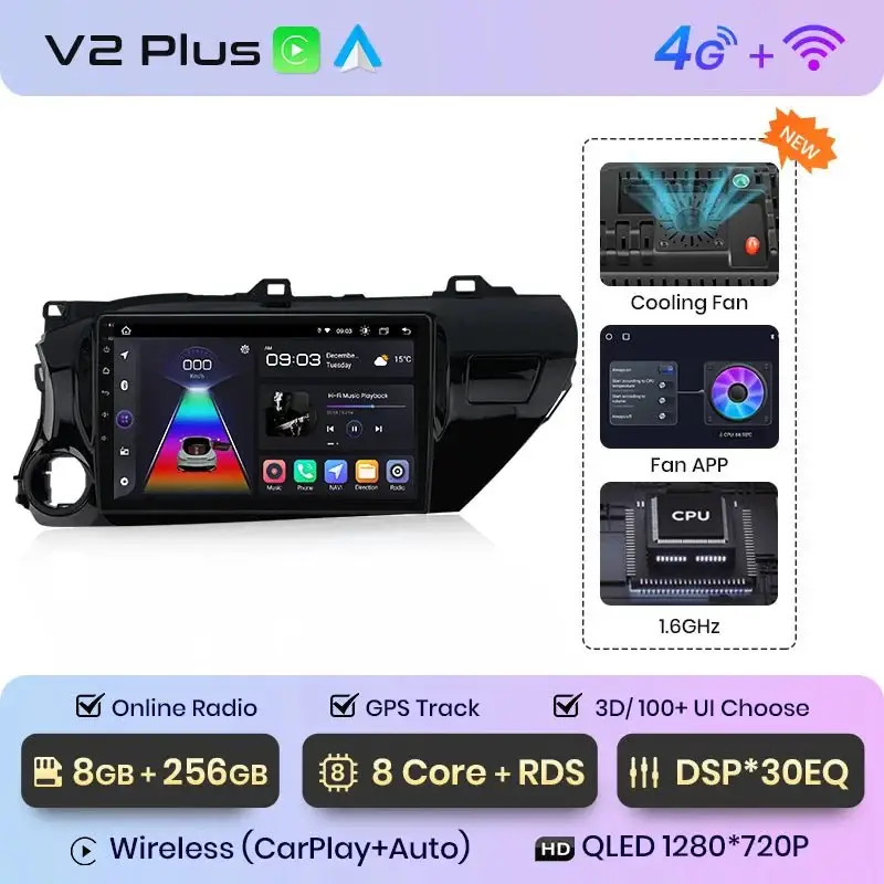 Radio Android do Toyota Hilux Pickup AN120 (2015-2020) CarPlay Android Auto 4G WiFi GPS DSP