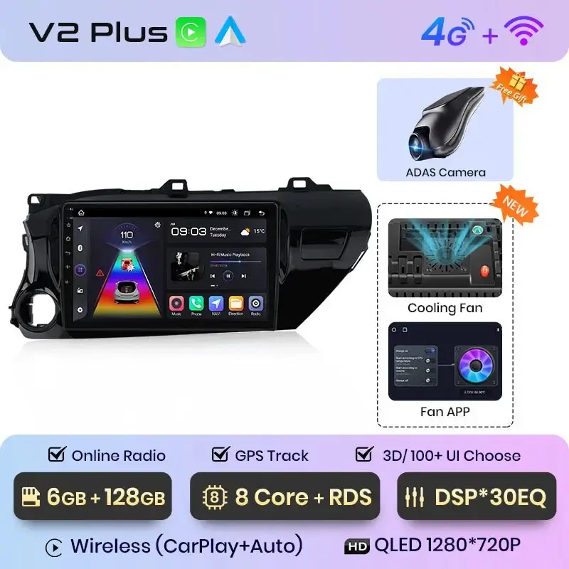 Radio Android do Toyota Hilux Pickup AN120 (2015-2020) CarPlay Android Auto 4G WiFi GPS DSP