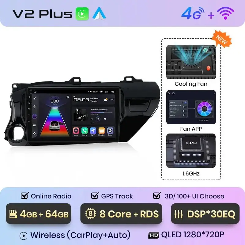 Radio Android do Toyota Hilux Pickup AN120 (2015-2020) CarPlay Android Auto 4G WiFi GPS DSP