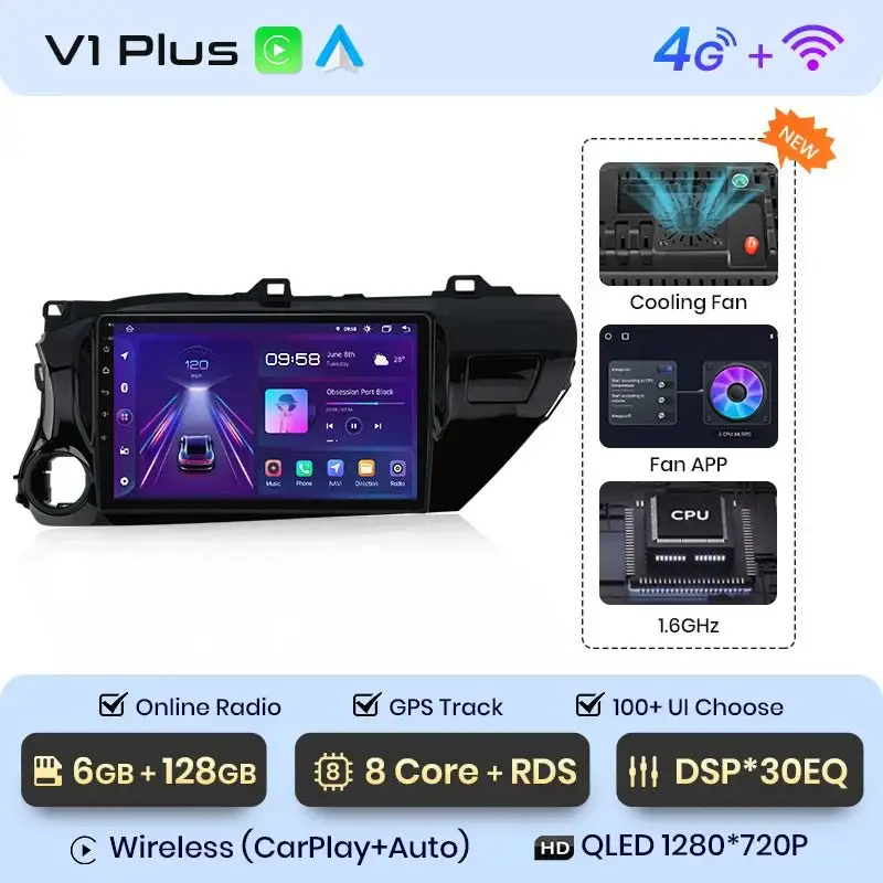 Radio Android do Toyota Hilux Pickup AN120 (2015-2020) CarPlay Android Auto 4G WiFi GPS DSP