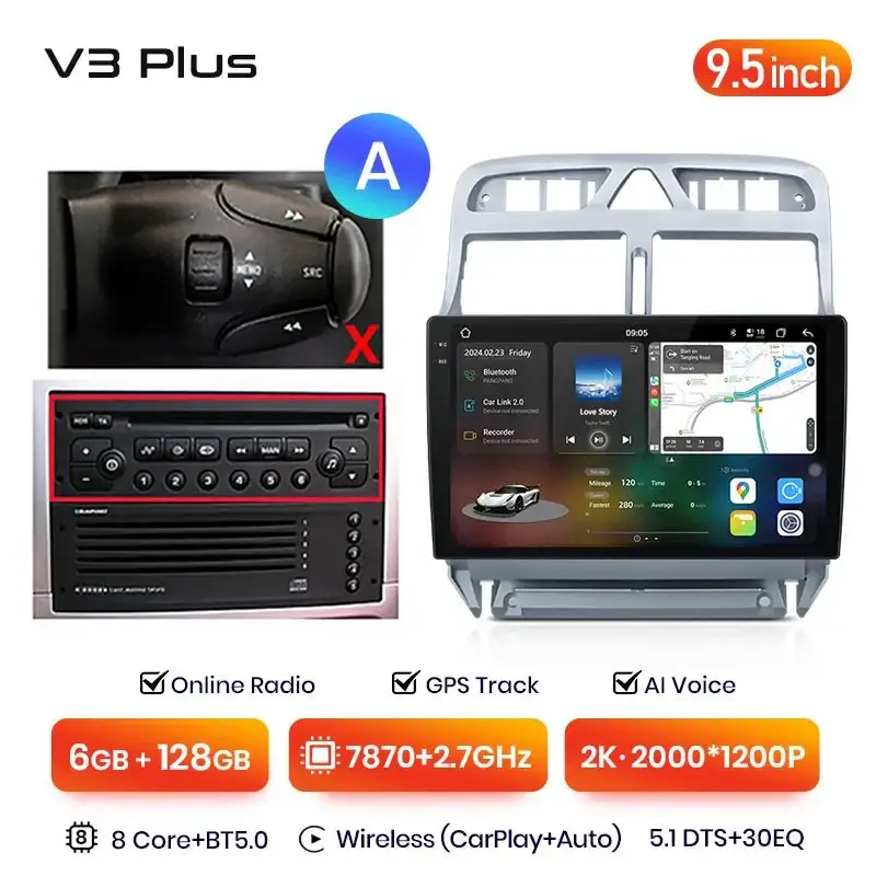 Radio Android do Peugeot 307 (2002-2013) CarPlay Android Auto 4G WiFi GPS DSP