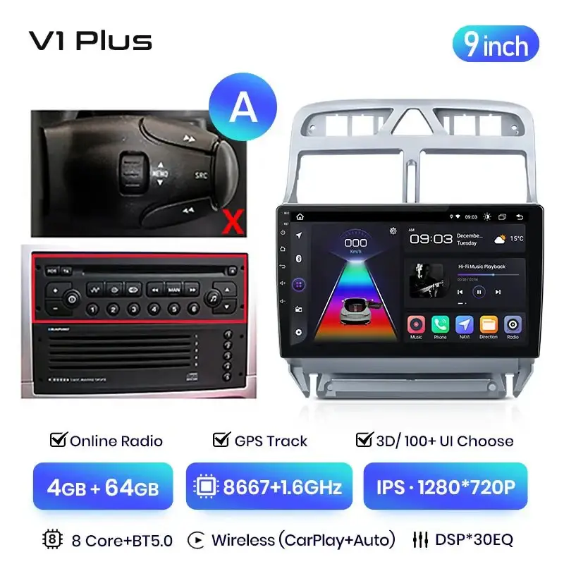 Radio Android do Peugeot 307 (2002-2013) CarPlay Android Auto 4G WiFi GPS DSP